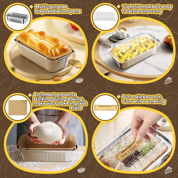 Gyreuni 80 Pack Aluminum Loaf Pans with Lids Stickers and Parchment Paper Sheets,2.4Lb Heavy Duty Aluminum Foil Premium Bread Tins - 8.3" X 4.1" X 2.2" Disposable Baking Pans