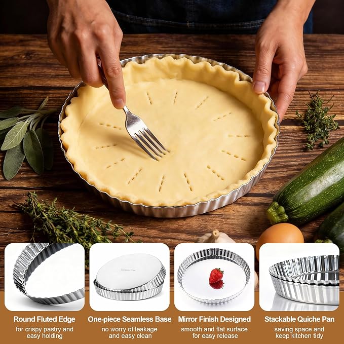 E-far 9.5 Inch Pie Pans, Stainless Steel Pie Baking Dish Tart Quiche Pan for Oven Baking, 2-Piece Round Pie Plate Tins with Fluted Edge & Seamless Bottom, No Leakage and Dishwasher Safe, Mirror Silver