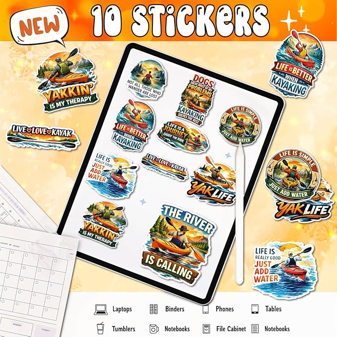 10pcs Kayaking Stickers Gifts for Kayakers Water Sports Lovers Multiple Different Design, Waterproof UV-Resistant for Water Bottle, Laptop, Window, Car