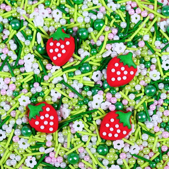 Edible Strawberry Cake Decorations, Spring Sprinkles, Edible Pearls, Jimmies Green Sprinkle, Perfect for Weddings, Parties, Spring Theme with 4 Strawberries (3.5oz/100g)