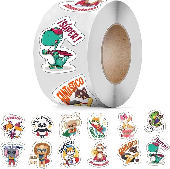 Spanish Animal Reward Stickers - Good Job Decals, Bulk Roll for Classroom & Home, Super Animal Themes