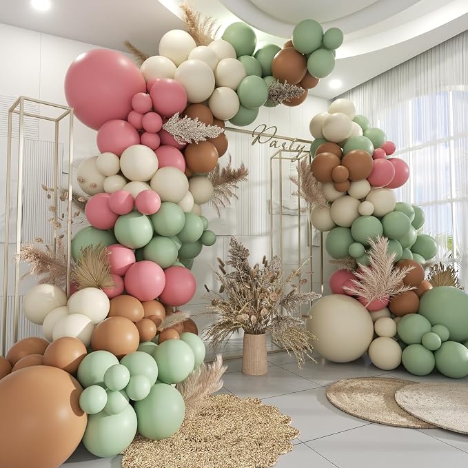 Sage Green Pink White Brown Balloons Garland Arch Kit, 160Pcs Boho Dusty Green Cherry Blossom Pink White Sand Brown Balloons for Girl Bridal Baby Shower Wedding Birthday Party Decorations