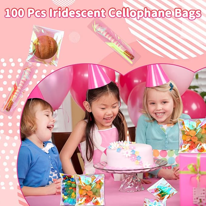 SUREHOME Cookie Bags with Seal 100 Pcs 5x6 In Iridescent Holographic Self Sealing Cellophane Treat Bags Pink Resealable Individual Cookie Bag for Gift Giving Valentine Candy Packaging Goodie Wrappers