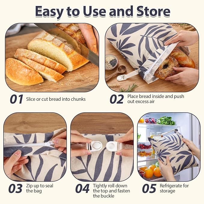 Hsei 5 Pack Beeswax Bread Bags for Sourdough & Homemade Bread 17 x 13'' XL Reusable Organic Linen Wraps with Sealing Zip for Fresh Food Storage Loaf Fresh Freezer Baker Gift (Blue Flower)