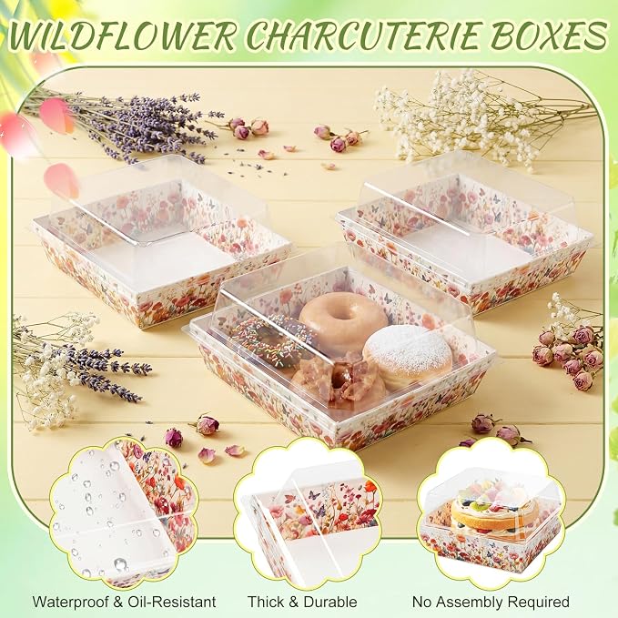 Potchen 50 Pack Bakery Boxes with Clear Lids, Disposable Charcuterie Treat Boxes for Cookies, Donuts, Cupcakes, Candy and Mini Cake, Party Favor for Wedding and Gift Giving (Wildflowers)