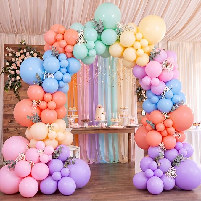 132 Pcs Pastel Birthday Party Balloons Decor with 197ft Crepe Paper Streamers Kits Rainbow Macaron Assorted Color Balloon Arch for Baby Shower Gender Reveal Ice Cream Party Wedding Unicorn