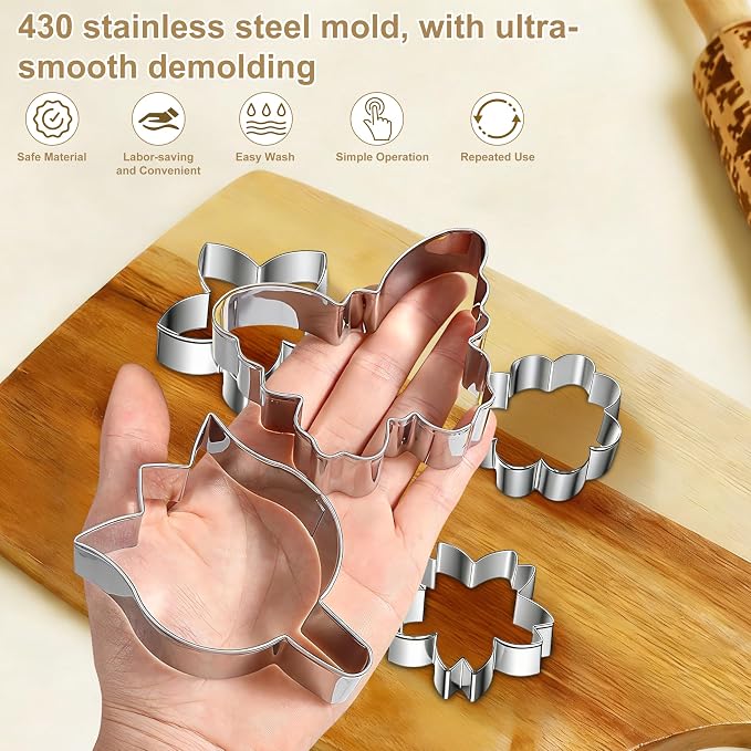 8 PCS Flower Cookie Cutters Set, Stainless Steel Flowers Cookie Cutters, Daisy, Tulip, 3 Shaped of Flowers, Butterfly,Cherry Blossom (Bee & Bird) (silver)