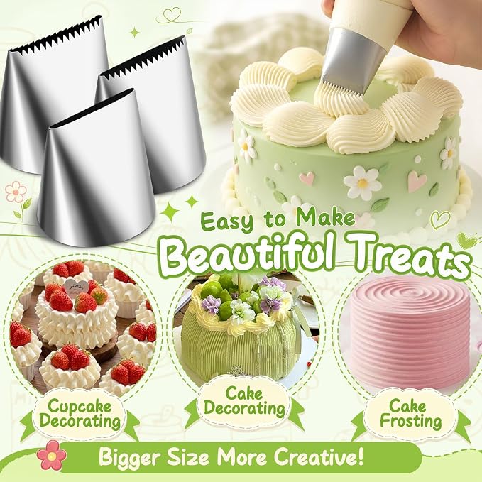 NOVANO Large Piping Tips, 3PCS Set, Stainless Steel Icing Nozzles | Extra Large Plain & Serrated Tips, Cake Decorating, Cupcake Frosting, Cream Baking Tools