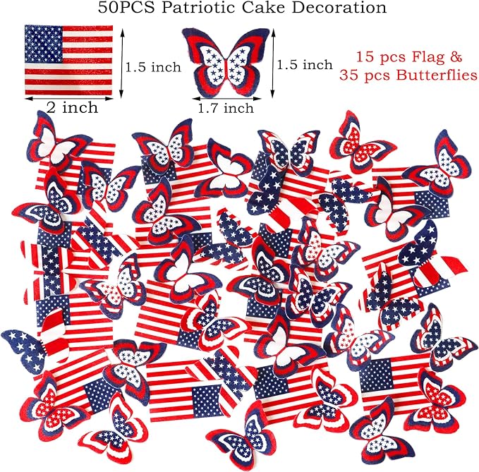 50PCS Edible American Flag Cake Decorations Patriotic Wafer Cupcakes Toppers for 4th of July, Independence Day Parties & Birthday Celebrations (50, American Flag & Butterfly)