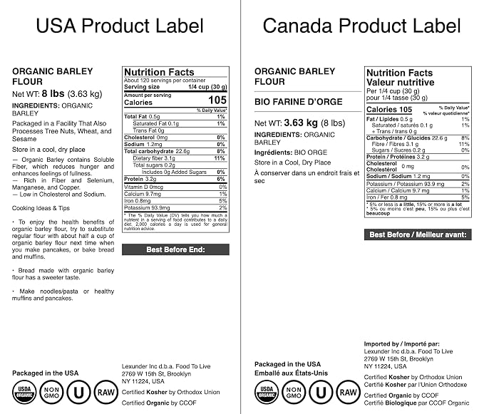 Food to Live Organic Barley Flour, 8 Pounds – Non-GMO, Stone Ground from Whole Hulled Barley, Fine, Kosher, Vegan, Bulk. Rich in Fiber. Perfect for Flour Blends. Great for Baking. Product of the USA.