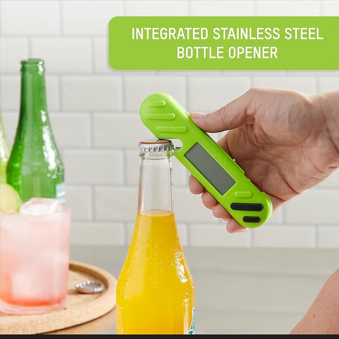 Taylor TruTemp Digital Instant Read Thermometer Meat Probe for BBQ Kitchen with Built in Bottle Opener, Reliable Folding Probe Easy Read LCD Grilling Cooking Tool, Green
