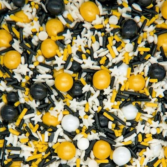 Bumble Bee Sprinkles for Cake Decorating and Baking Cookies, Cupcakes - Edible Batman Sprinkles and Bee Cake Decorations in Yellow Black White Jimmies, Nonpareils, Sugar Crystal, and Pearl