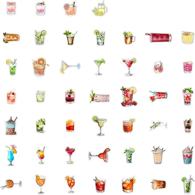 100Pcs Cocktail Stickers for Water Bottle and Laptop - Cocktail Party Supplies & Decorations, Waterproof Vinyl Decals, Drink and Fun Stickers, Gifts for Women & Men