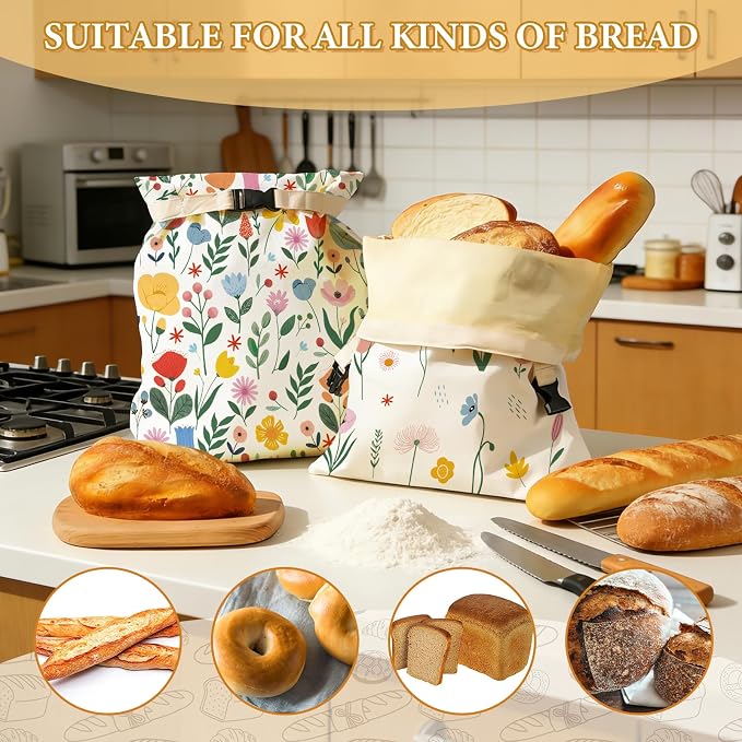 2 Pack Beeswax Bread Bags for Homemade Sourdough, 17x13 Inch Reusable Beeswax Lined Bread Bag with Buckle to Keeps Bread Freshness for Food Storage(Colorful Flowers)