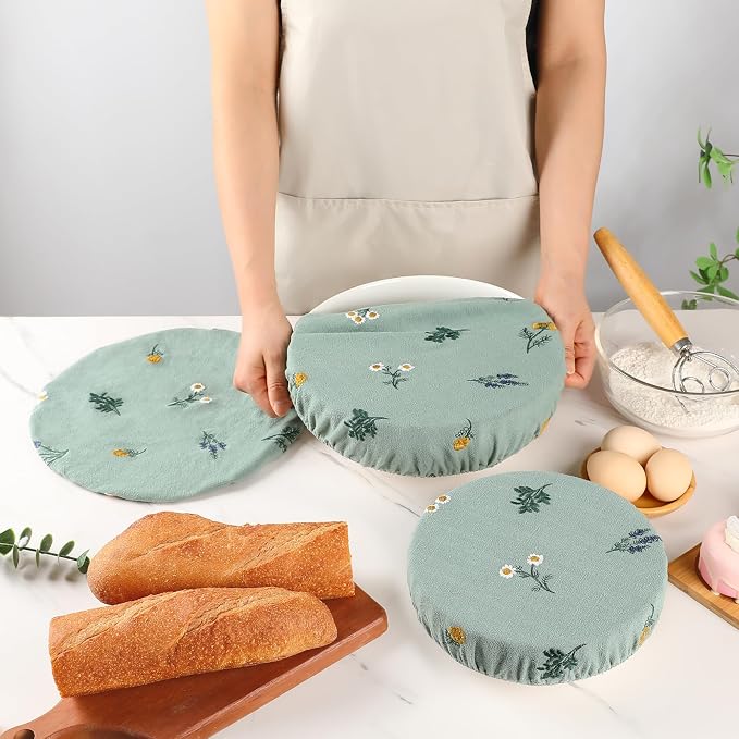 Reusable Bowl Covers for Bread Proofing Baking Embroidered Linen Cotton Cloth Fabric Washable with Elastic Cover for Food Fruit Salad Eco-friendly