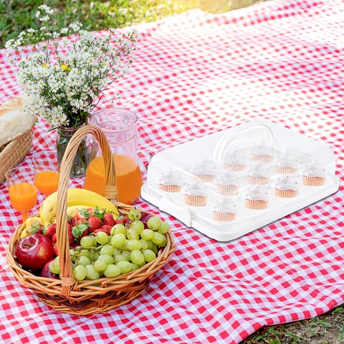 Cake Carrier with Lid, Cake Holder Cupcake Container for 12 Cupcakes 2 in 1 Portable Dessert Container for Pie Muffin Cobbler (White)