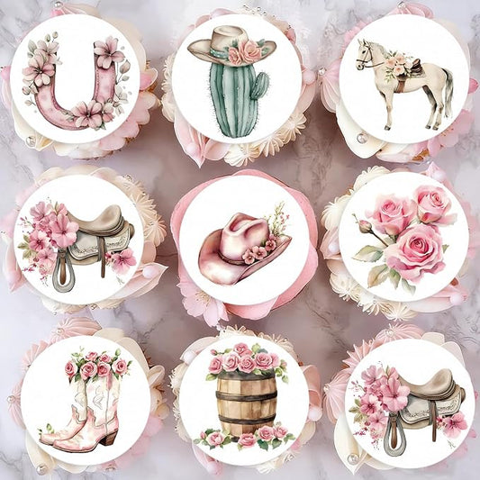 36PCS Edible Floral Horse Cupcake Toppers Wafer Paper Pink Pop-up Derby Horse Cowgirl Cake Picks Edible Rodeo Western Boots Cupcake Toppers for Jockeys Equestrian Theme Supplies