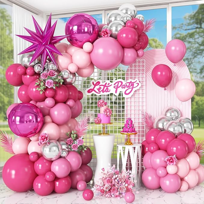 Pink Silver Balloon Arch Garland Kit with Hot Pink Star Foil Balloons 4D Round Ball Balloons for Girl Women Birthday Baby Shower Valentine's Day Party Decorations