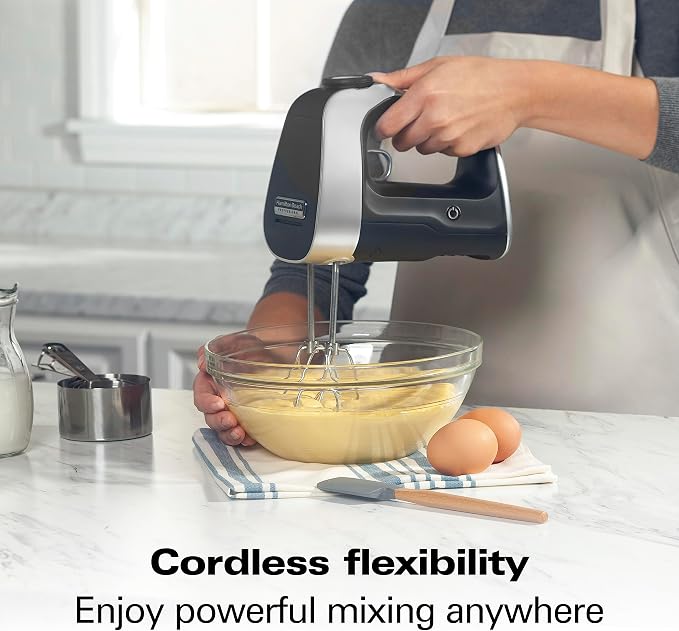 Hamilton Beach Professional Cordless Electric Hand Mixer | Infinite Speed Control | Powerful DC Motor | Quick Recharging | LCD Screen | Whisk | Storage Case | Black | 62673