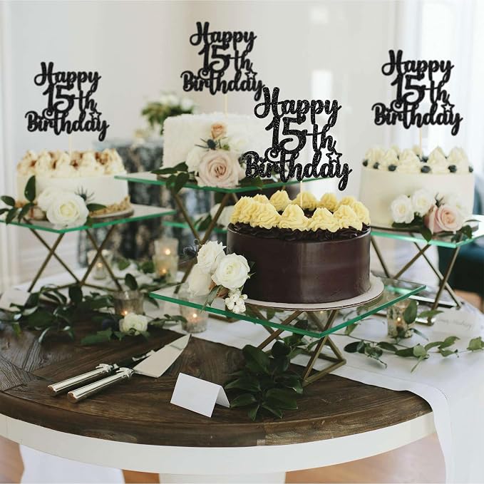Gyufise 1Pc Happy 15th Birthday Cake Topper Glitter 15 & Fabulous Cheers to 15 Years Old Cake Pick for Celebrating 15th Birthday Anniversary Party Cake Decorations Supplies Black