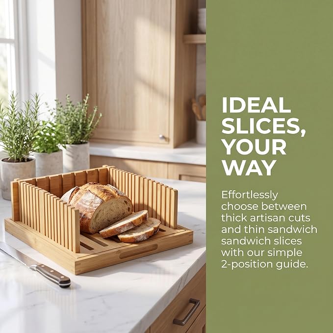 Foldable Bamboo Bread Slicer Adjustable Guide with Crumb Tray for Sourdough | Adjustable Slicing Guide Built-In Crumb Tray Natural Bamboo Board Better Slices, Less Mess Compact for Easy Storage