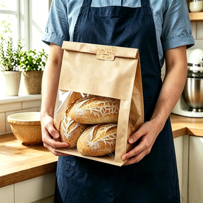 Extra Large Bread Bags for Homemade, 50 Count, 50% Thicker Sourdough Paper With Ties, 15.7 * 10.2 * 5.1 in, Tin Tie Tab Lock Bakery Bags With Window and Sealing Stickers for Storage Packaging Gifting