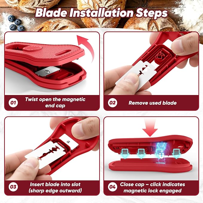 24SHEN Bread Lame, Sourdough Scoring Tool with Extractable & Magnetic, Sour Dough Tools Sourdough Cutter for Homemade Bread Making, Scoring Knife Include 5 Razor Blades-Red