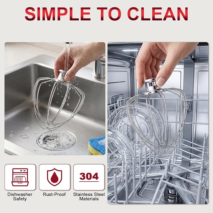 6-Wire Whip Attachment Fits KitchenAid Tilt-Head Stand Mixer Replace K45WW, Stainless Steel, Egg Heavy Cream Beater, Cakes Mayonnaise Whisk (All Stainless Steel)