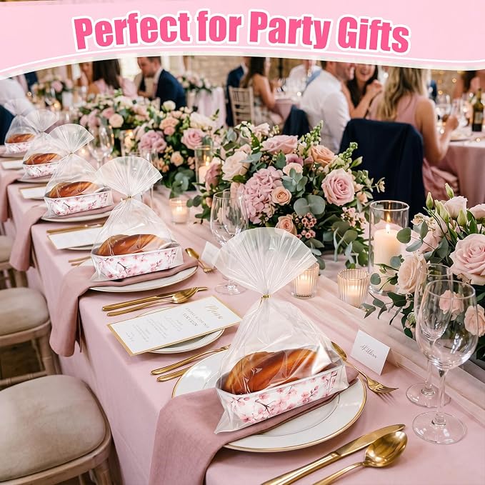 Hushee 50 Sets Pink Blossom Paper Loaf Pans with Bags, 6.3x2.2x2.2" Disposable Mini Bread Baking Molds, Floral Cake Liners for Baby Shower Wedding Birthday Spring Gifts
