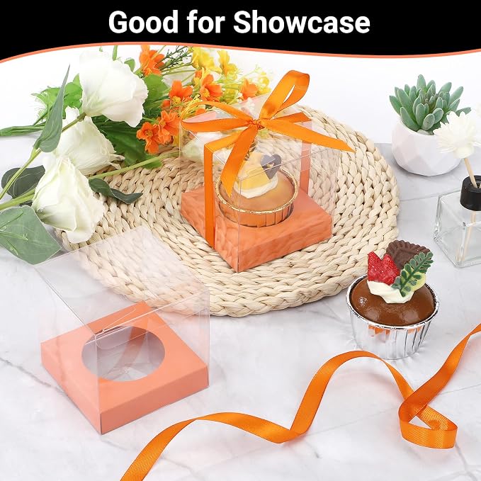 EUSOAR Individual Cupcake Boxes, 12 Pack 3.5 Inch Transparent Dessert Pastry Muffin Cupcake Containers with Inserts and Ribbon, Muffins Gift Holder Mini Cake Carrier for Wedding Party Favor Bakery