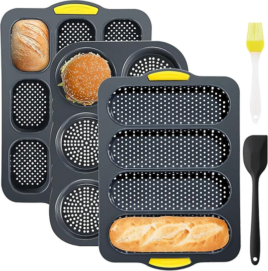 Silicone Hamburger Bun Pan and Baguette Pan Set,3 Pcs Nonstick 4/6/9 Cup Bun Molds with Spatula and Pastry Brush, French Bread Baking Trays for Homemade Hamburger Buns, Hot Dog Buns Loaf Sandwich