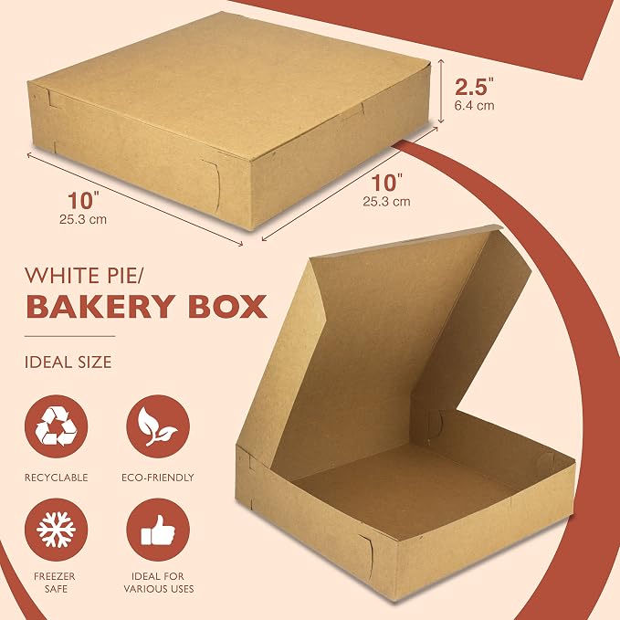 Fit Meal Prep 10 Pack Kraft Bakery Boxes, 10 x 10 x 2.5 Inches Brown Pastry Boxes, Cardboard Treat Boxes Pie Boxes Cookie Boxes Dessert Boxes for Cupcakes, Chocolates, Donuts, Macarons