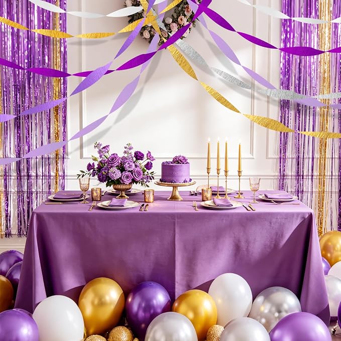 AOYOO Crepe Paper Streamers, 6 Rolls Purple Gold and Silver Party Streamers, Lavender White Decorations for Rapunzel Birthday, Graduation, Princess Theme Party and Wedding Supplies