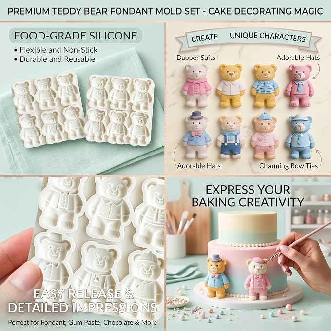 2Pcs 6-Cavity Dressed Bear Silicone Fondant Mold Teddy Bear Candy Molds for Cake Decorating, Cupcake Toppers, Chocolate, Polymer Clay, Jelly, Lollipop, Gender Reveal Desserts