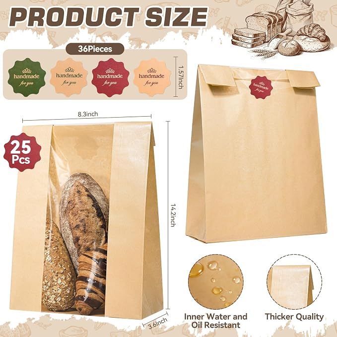 25 Pcs Bread Bags for Homemade Bread, Paper Sourdough Bags with window, Large Bakery Loaf Bag with Stickers for Cookies, Popcorns, Hamburgers 14.2"x8.3"x3.6"