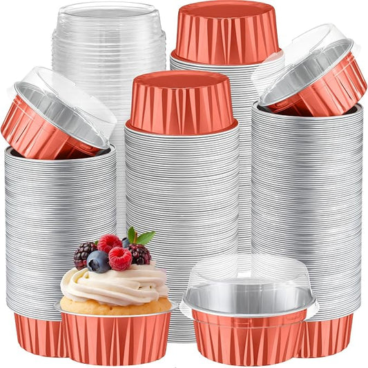 Gejoy 400 Pcs Aluminum Foil Baking Cups with Lids 5 oz Disposable Ramekins Mini Cake Pans Creme Brulee Cupcake Liners Muffin Dessert Container for Wedding Birthday Party (Classic,Orange Gold)