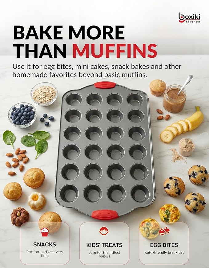 Boxiki Kitchen 24 Cup Mini Muffin Pan with Silicone Handles | Professional Non-Stick Cupcake Pan for Muffins, Cupcakes, Egg Bites, and More