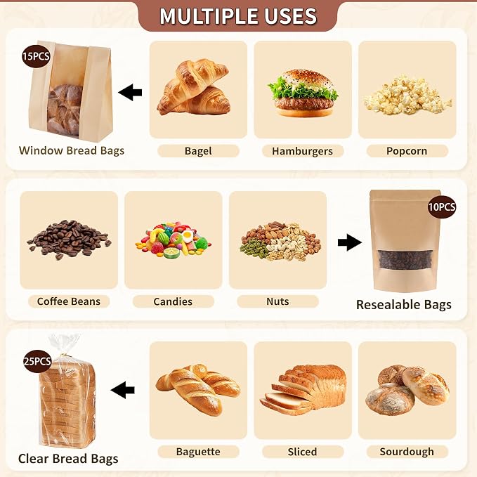 Bpole 3-in-1 Bread Loaf Bags for Homemade Bread - 50pcs Bakery Paper Plastic Bags for Homemade Sourdough Bread Storage,Snacks,Sandwich, Candies and Cookies,Preservation Freshness and Gift Giving