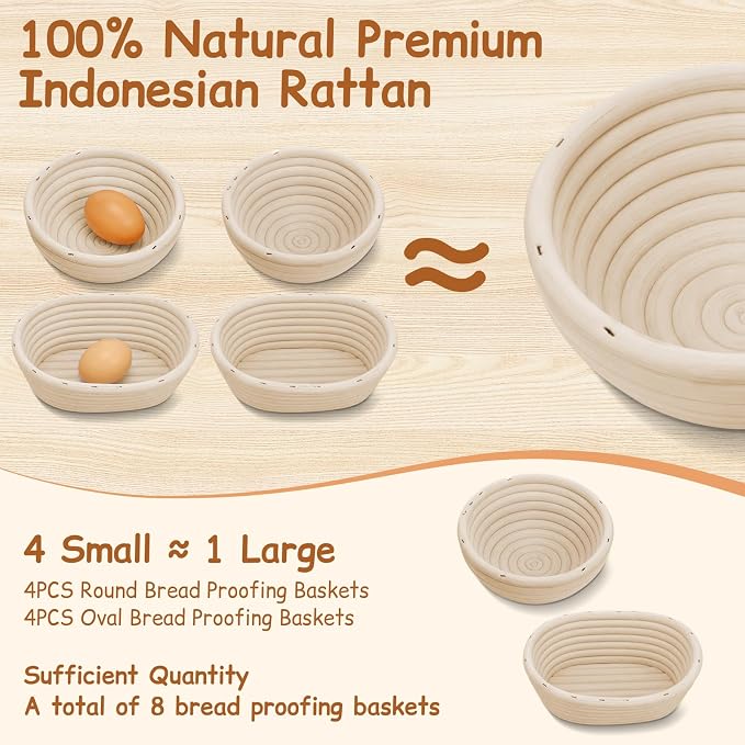 Set of 8 Mini Banneton Bread Proofing Basket with Liner, 5-inch Round and 6.5-inch Oval Small Bread Proofing Sourdough Bowl, for Sourdough Making, Baking Supplies for Home and Bakery