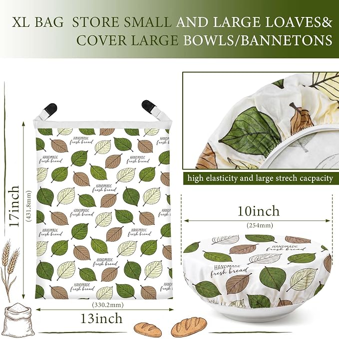 2 Pack Reusable Beeswax Bread Bags for Homemade Sourdough XL 17x13 Inch Beeswax Bread Bags for Storage Large Linen Bowl Cover Keeping Fresh Longer Safe Storage(Bodhi Leaf)
