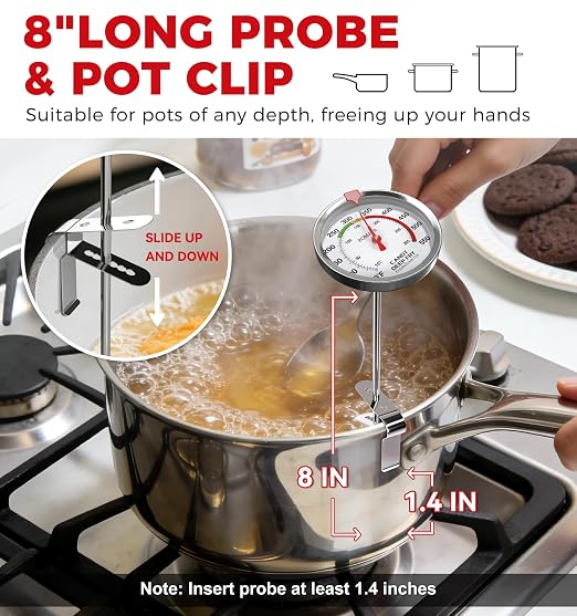 BOMATA 2-Pack Candy Thermometer with Pot Clip, Hands-Free Use, Waterproof IP67 and 2.5" Display Deep Fry Oil Thermometer with NSF Certified, for Cooking, Food, Turkey, BBQ, Grill... Mth400 Silver