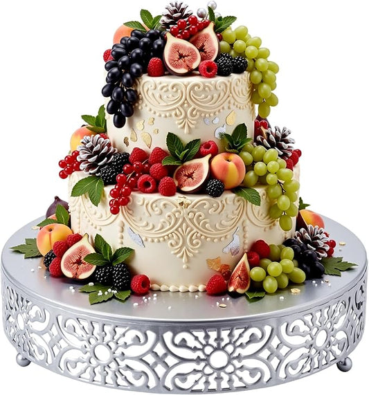 Wenqik 12 Inch Cake Stand Round Metal Cupcake Dessert Wedding Cake Stand Cookies Display Holder Fruit Food Serving Tray for Table Wedding Birthday Anniversary Party Decor (Silver)
