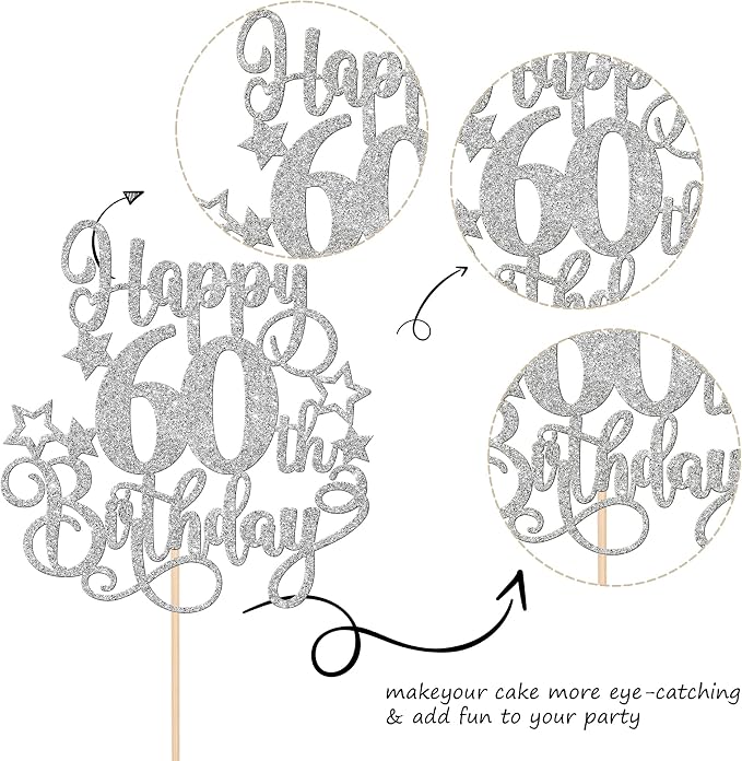 1 PCS Happy 60th Birthday Cake Topper Glitter Cheers to 60 Years Birthday Cake Pick Hello 60 Fabulous Cake Decoration for Happy 60th Birthday Anniversary Party Decorations Supplies Silver