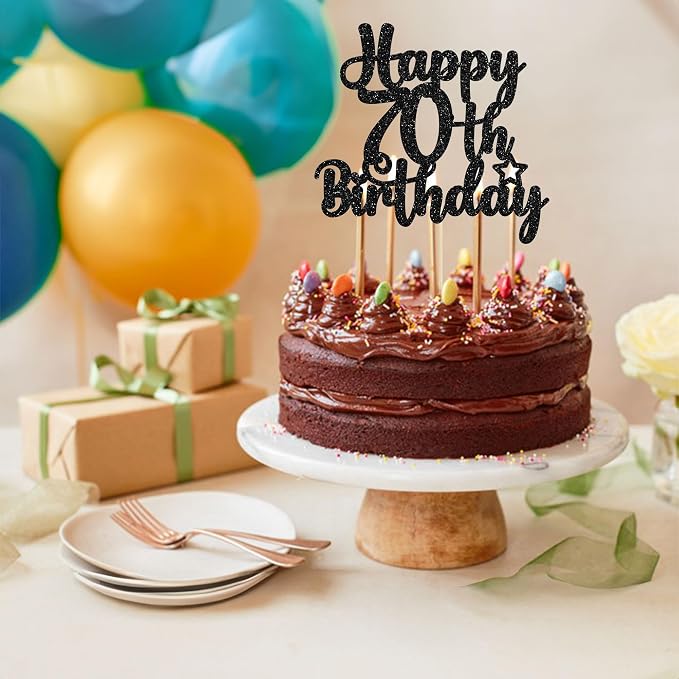 Gyufise 1Pc Happy 70th Birthday Cake Topper Glitter 70 & Fabulous Cheers to 70 Years 70th Birthday Cake Pick for Celebrating 70th Birthday Anniversary Party Cake Decorations Supplies Black