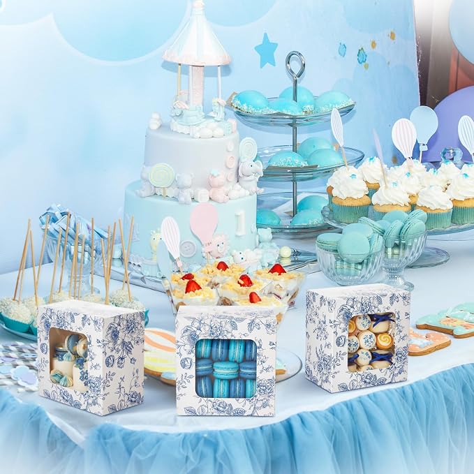 50 Pack Blue Floral Cookie Boxes with Window, Chinoiserie Small Bakery Treat Boxes for Pastry Donuts Macaroon Cupcakes, Wedding Bridal Shower Birthday Tea Party Baby Shower Favors