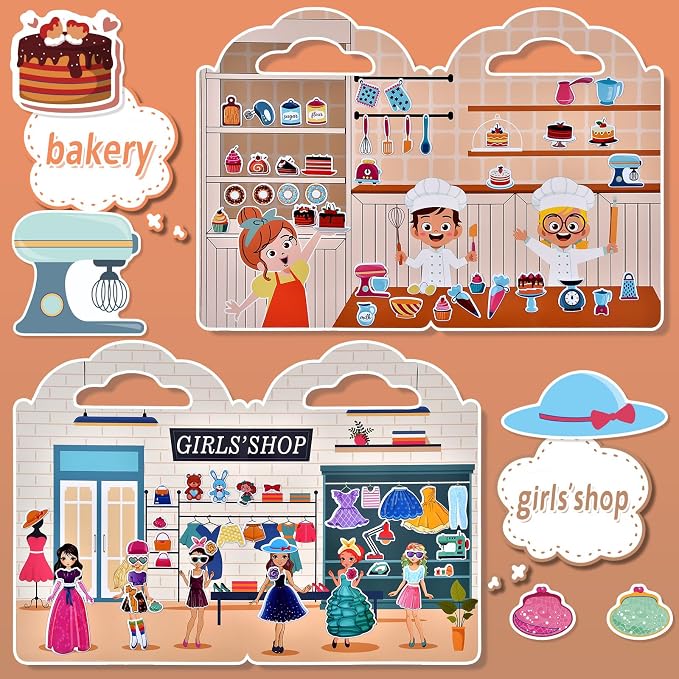 6 Set (260pcs) Puffy Sticker Books Activity for Girls, Reusable Stickers Book, Fairytale+Garden+Princess Party+Mermaid+Kids Zone+Girls' Shop, Travel Book for Kids Ages 3+