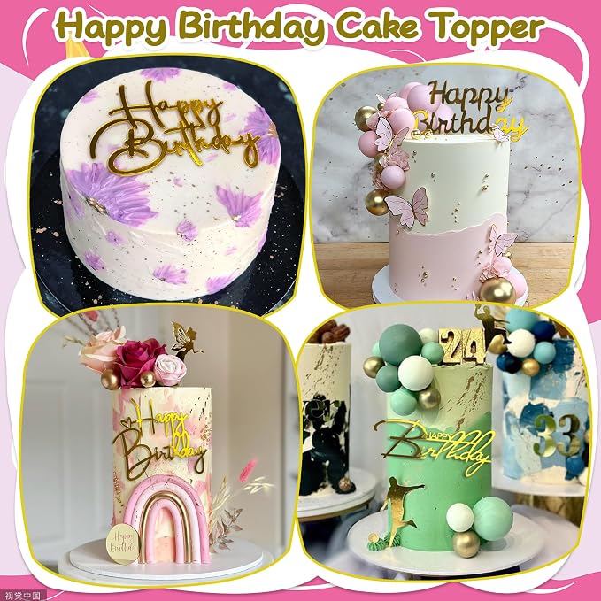 10 PCS Gold Happy Birthday Acrylic Cake Toppers Mirrored Side Cake Decorations Inserts 10 Styles