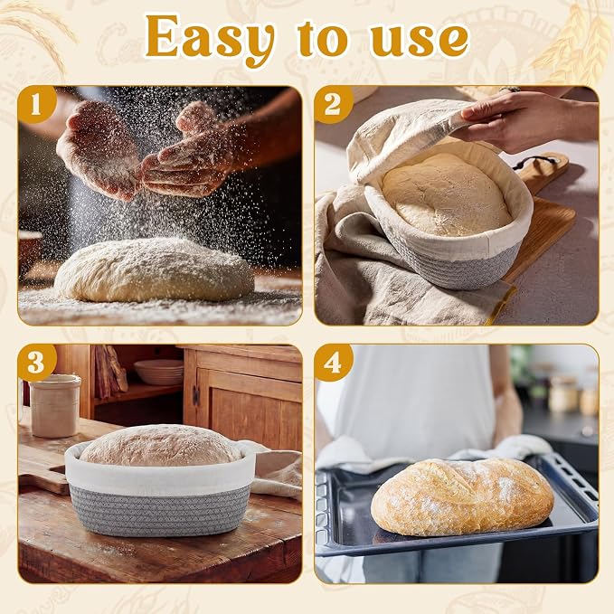 4 Pcs 10 Inch Bread Proofing Basket Set Cotton Rope Oval Banneton Basket Sourdough Bread with Liners Covers for Baking Supplies (Gray)