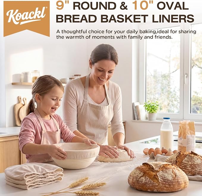 Koackl Bread Proofing Cover - 4 Pack 9" Round Basket & 2 Pack 10" Oval Basket Liners Cloths Reusable Cotton Bread Proofing Liners for Sourdough Baking, 10" Compatible with Round/Oval Banneton Baskets