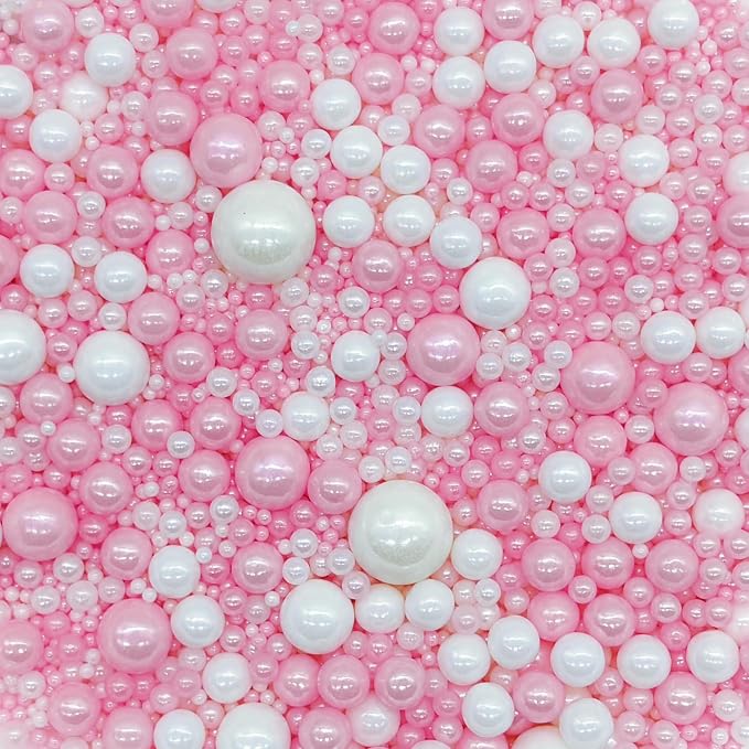 Dynastang Mixed Size Pink & White Pearls Sprinkles Edible Pearls Cake Decorations Cupcake Toppers Decorating Perfect for Cakes, Cupcakes, Desserts 3OZ